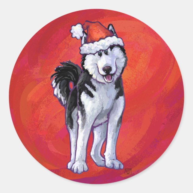 Husky in Santa Hat On Red Classic Round Sticker (Front)