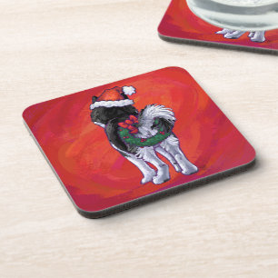 Husky in Santa Hat On Red Coaster