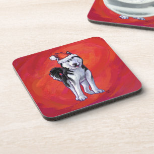 Husky in Santa Hat On Red Coaster