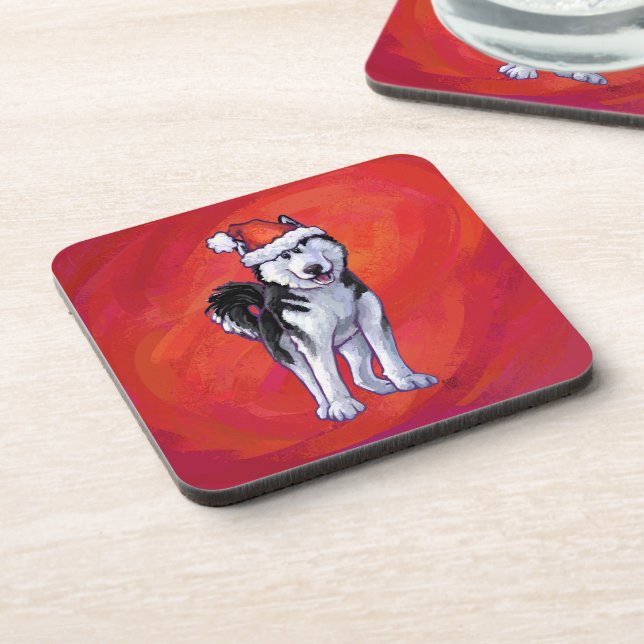 Husky in Santa Hat On Red Coaster (Left Side)