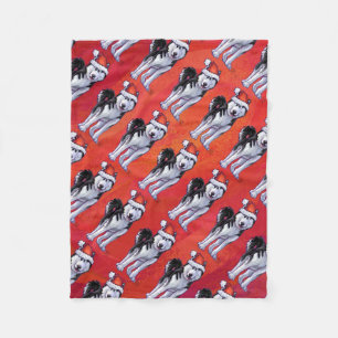 Husky in Santa Hat On Red Fleece Blanket