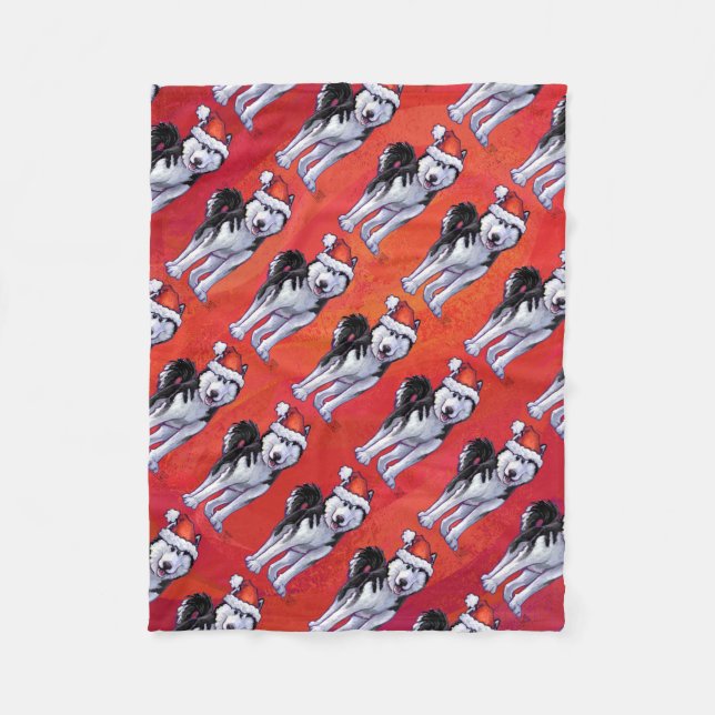 Husky in Santa Hat On Red Fleece Blanket (Front)