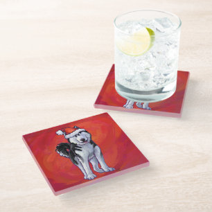 Husky in Santa Hat On Red Glass Coaster