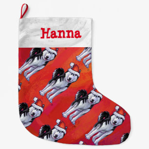 Husky in Santa Hat On Red Large Christmas Stocking