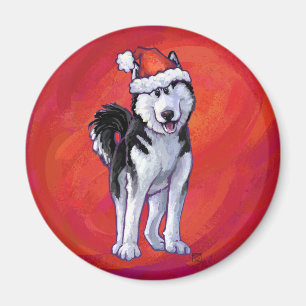 Husky in Santa Hat On Red Magnet