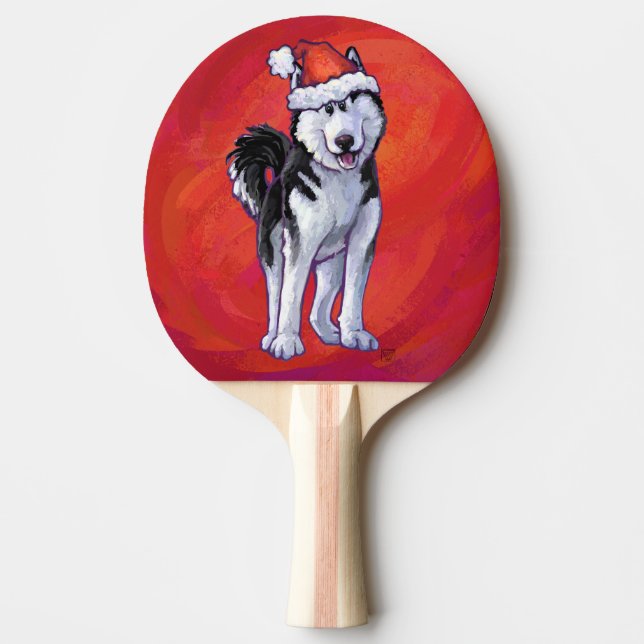 Husky in Santa Hat On Red Ping Pong Paddle (Front)