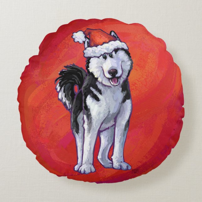 Husky in Santa Hat On Red Round Cushion (Front)