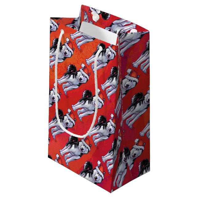 Husky in Santa Hat On Red Small Gift Bag (Front Angled)
