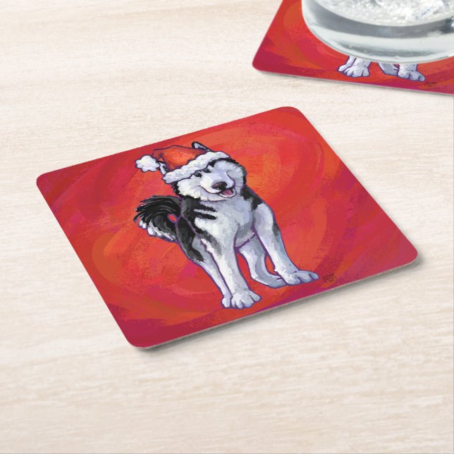 Husky in Santa Hat On Red Square Paper Coaster (Angled)