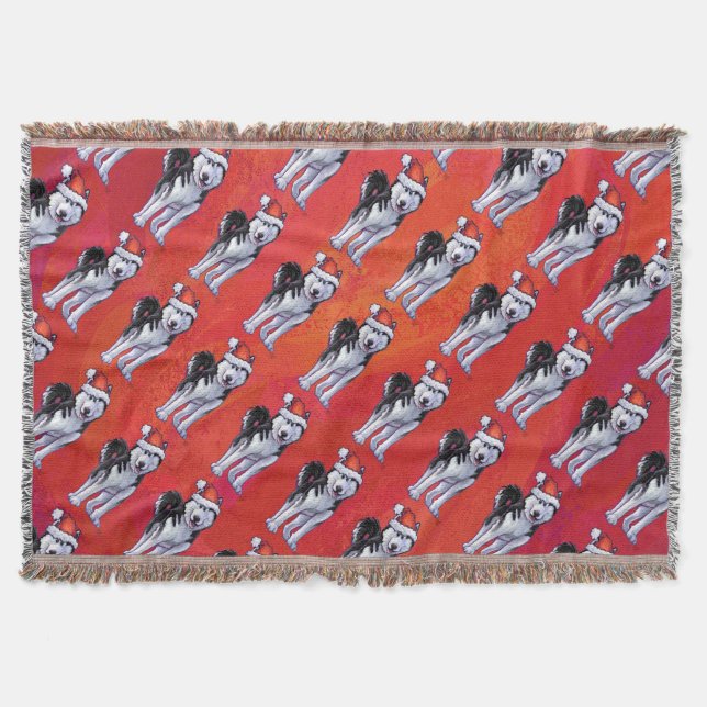 Husky in Santa Hat On Red Throw Blanket (Front)