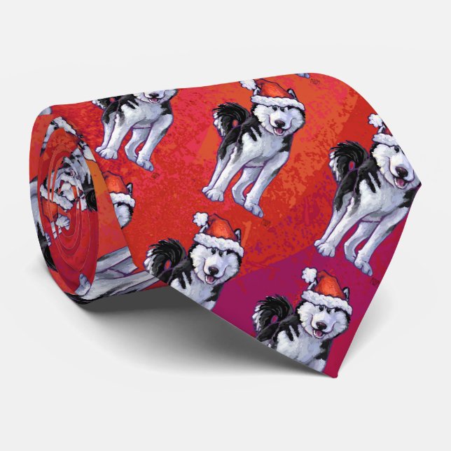 Husky in Santa Hat On Red Tie (Rolled)
