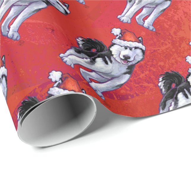 Husky in Santa Hat On Red Wrapping Paper (Roll Corner)