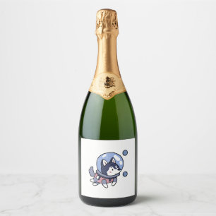 Husky In Space Puppy Dog Lover Retro Sparkling Wine Label