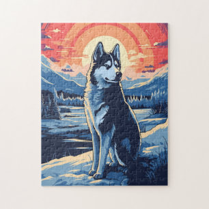 Husky in the winter forest during sunset jigsaw puzzle