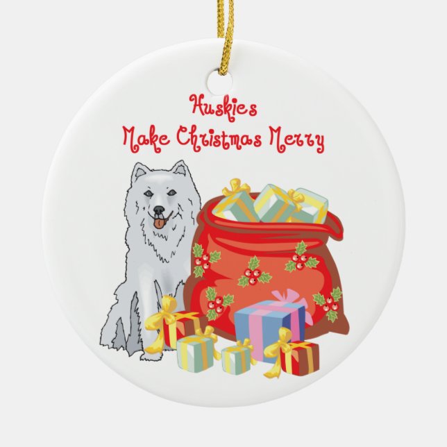 Husky Merry Christmas Ceramic Tree Decoration (Front)