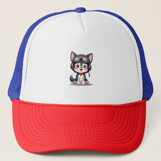 Husky Pilot Dog Lover Malamute Trucker Hat (Front)