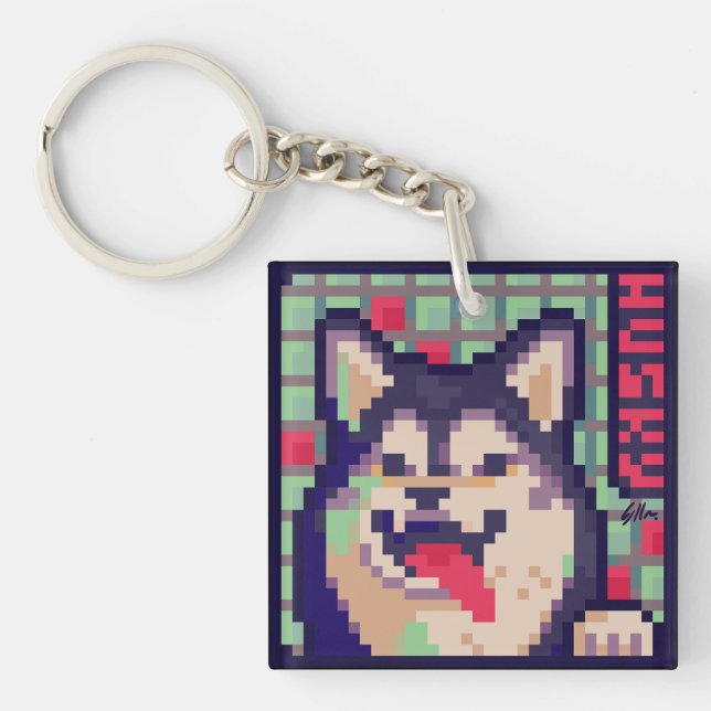 Husky, Pixel Art, Pixel Art Key Ring (Front)