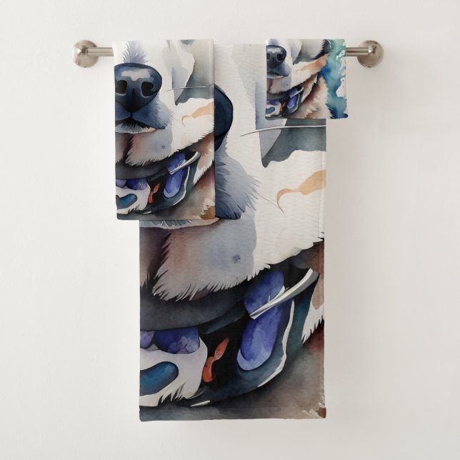 Husky Portrait Watercolor Art  Bath Towel Set (Insitu)