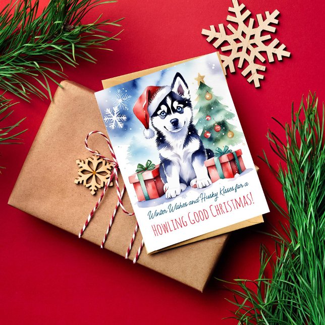 Husky puppy Christmas greetings dog people Postcard (Siberian husky puppy Christmas greeting postcards watercolor cute husky puppy in Santa hat gift box )