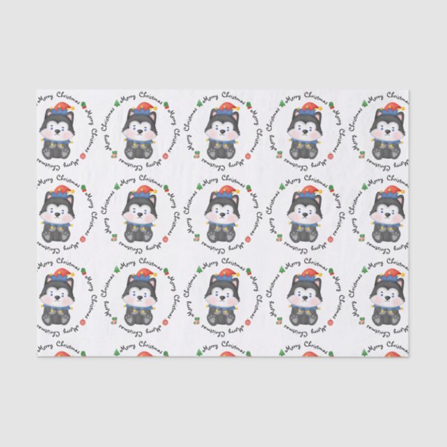 Husky Puppy Dog Cute Elf Festive Merry Christmas Tissue Paper (Front)