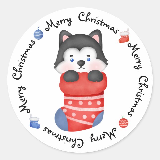  Husky Puppy Dog Cute Festive Merry Christmas Classic Round Sticker (Front)
