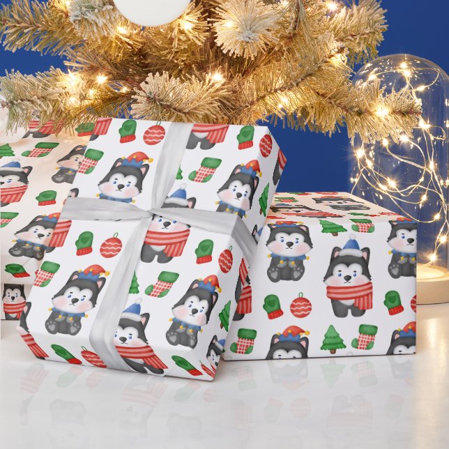 Husky Puppy Dog Santa Festive Holiday Christmas Wrapping Paper (Holidays)