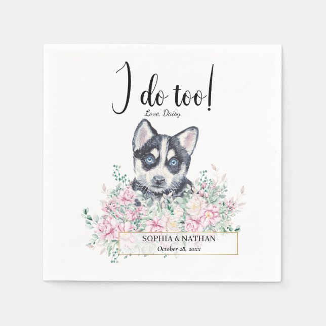 Husky Puppy Dog Wedding Cocktail Napkins (Front)
