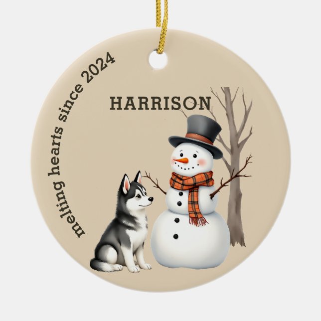 Husky Puppy Heart melting Custom Keepsake Ceramic Tree Decoration (Front)