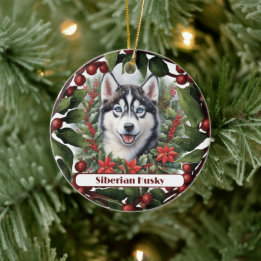 Husky Puppy Holiday Custom Christmas  Ceramic Tree Decoration