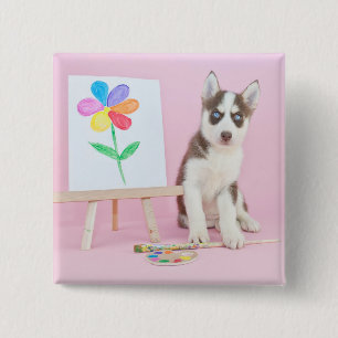 Husky Puppy Painting a Rainbow Flower 15 Cm Square Badge
