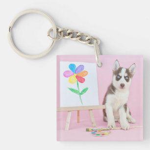 Husky Puppy Painting a Rainbow Flower Key Ring