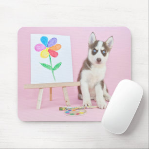 Husky Puppy Painting a Rainbow Flower Mouse Mat