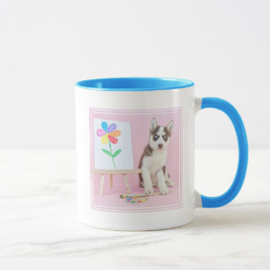 Husky Puppy Painting a Rainbow Flower Mug