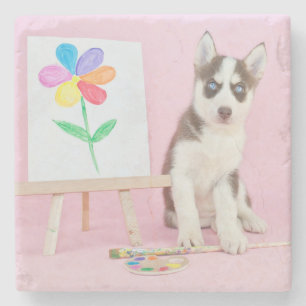 Husky Puppy Painting a Rainbow Flower Stone Coaster
