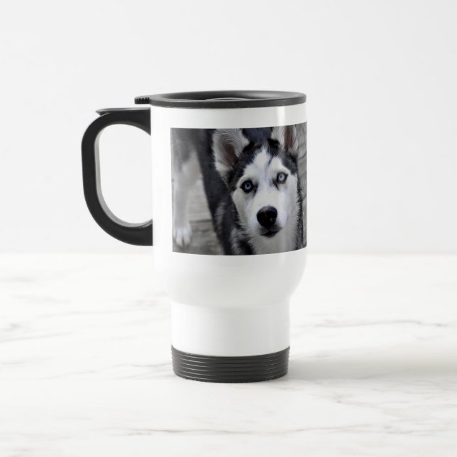 Husky Puppy Plastic Travel Mug (Left)