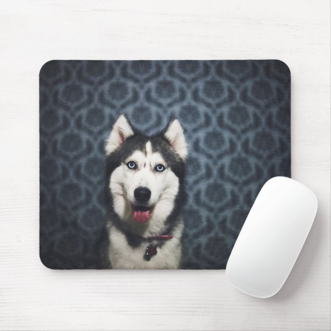 Husky Puppy Posing with a Dark Bakground Mouse Mat (With Mouse)