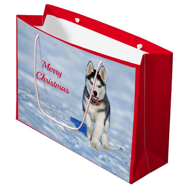 Husky Puppy Snow Photo Christmas Large Gift Bag (Front Angled)
