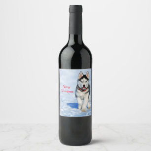 Husky Puppy Snow Photo Christmas Wine Label
