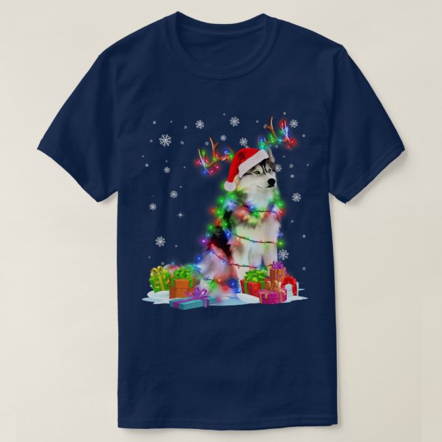 Husky Reindeer Christmas Lights Funny Dog Xmas  T-Shirt (Design Front)