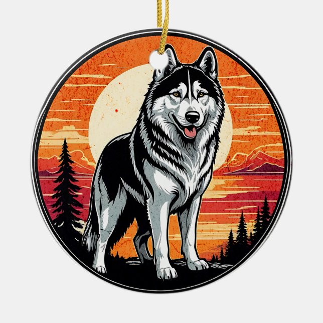 Husky Retro Sunset Dog Lover Ceramic Tree Decoration (Front)