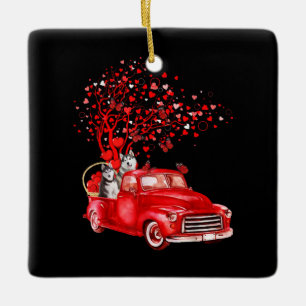 Husky Riding Red Truck Valentine Butterfly Heart Ceramic Ornament