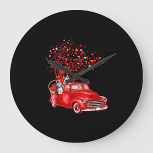 Husky Riding Red Truck Valentine Butterfly Heart Large Clock