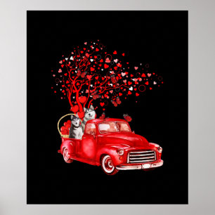 Husky Riding Red Truck Valentine Butterfly Heart Poster