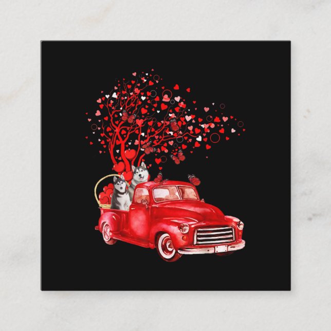 Husky Riding Red Truck |Valentine Butterfly Heart Square Business Card (Front)
