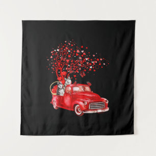 Husky Riding Red Truck Valentine Butterfly Heart Tapestry