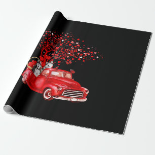 Husky Riding Red Truck  Valentine Butterfly Heart Wrapping Paper