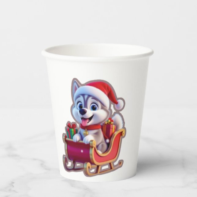 Husky Riding Santa’s Sleigh – Cute 3D Christmas Ca Paper Cups (Front)