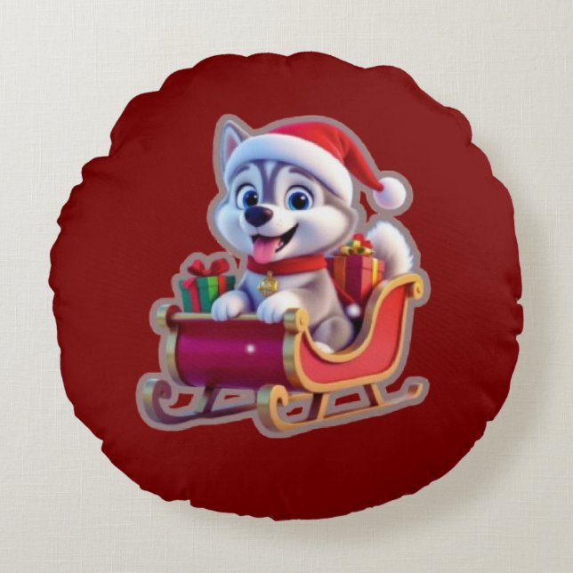 Husky Riding Santa’s Sleigh – Cute 3D Christmas Ca Round Cushion (Front)