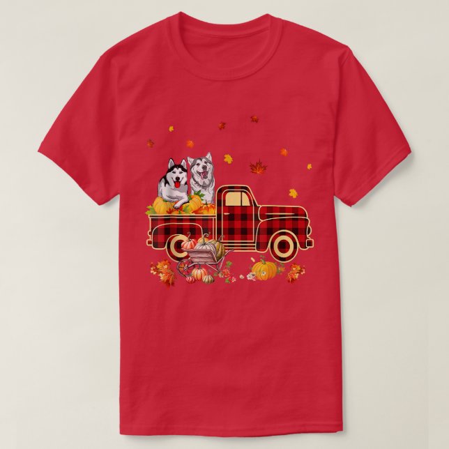 Husky Riding Truck Pumpkin Autumn Leaves Fall  T-Shirt (Design Front)