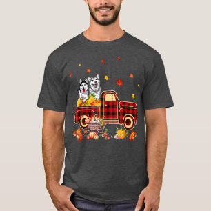 Husky Riding Truck Pumpkin Autumn Leaves Fall T-Shirt